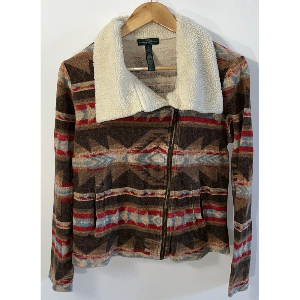 Ralph Lauren Aztec Print Zip Up Sweater Sherpa Collar Medium Nice!
